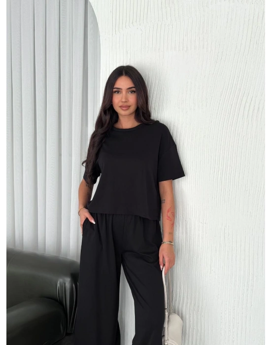 Osy Modal Yumuşak Dokulu Bisiklet Yaka Bol paça Pantalon ikili Takım - Siyah