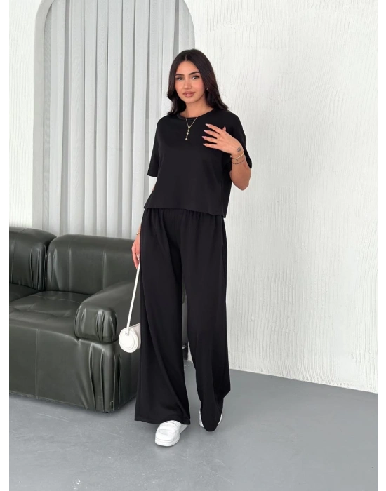 Osy Modal Yumuşak Dokulu Bisiklet Yaka Bol paça Pantalon ikili Takım - Siyah