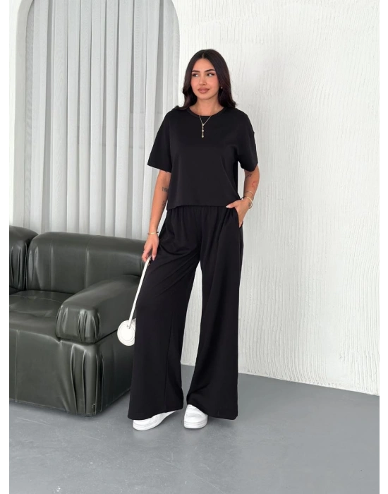 Osy Modal Yumuşak Dokulu Bisiklet Yaka Bol paça Pantalon ikili Takım - Siyah