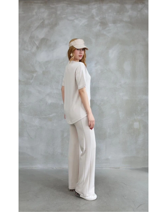 Osy Modal Yumuşak dokulu Bisiklet Yaka Taş detaylı Kısa Kollu Takım - Kırık Beyaz