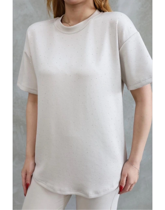 Osy Modal Yumuşak dokulu Bisiklet Yaka Taş detaylı Kısa Kollu Takım - Kırık Beyaz