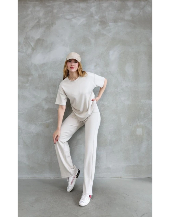 Osy Modal Yumuşak dokulu Bisiklet Yaka Taş detaylı Kısa Kollu Takım - Kırık Beyaz