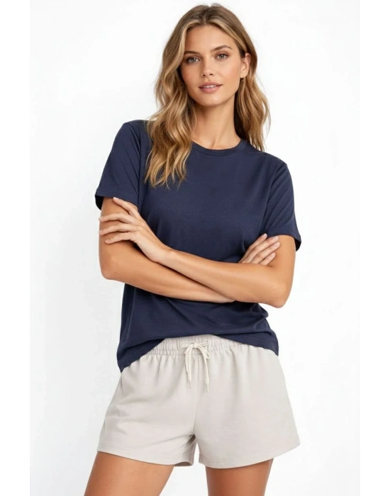 Osy Modal yumuşak dokulu Kumaş Kadın Bisiklet Yaka T-shirt - İndigo