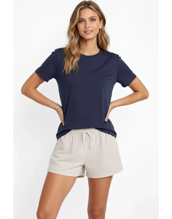 Osy Modal yumuşak dokulu Kumaş Kadın Bisiklet Yaka T-shirt - İndigo