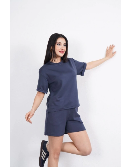 Osy Modal yumuşak dokulu Kumaş Kadın Bisiklet Yaka T-shirt Kısa Şort İkili Takım - Antrasit