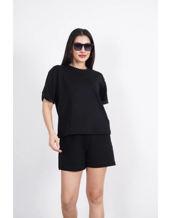 Osy Modal yumuşak dokulu Kumaş Kadın Bisiklet Yaka T-shirt Kısa Şort İkili Takım - Siyah