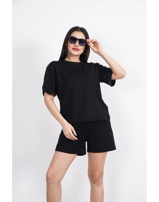 Osy Modal yumuşak dokulu Kumaş Kadın Bisiklet Yaka T-shirt Kısa Şort İkili Takım - Siyah