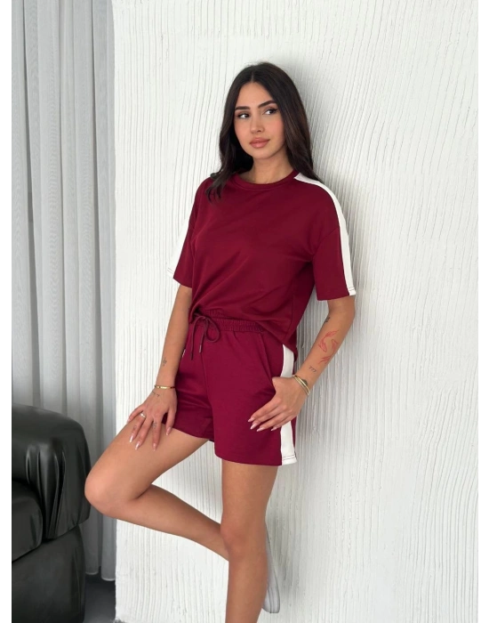 Osy Modal yumuşak dokulu Kumaş Kadın Parçalı Bisiklet Yaka T-shirt Kısa Şort İkili Takım - Bordo