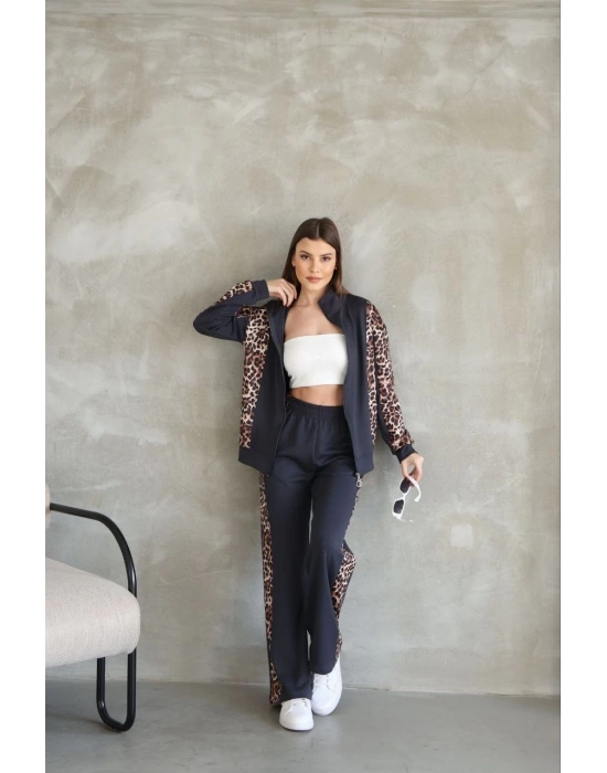 Osy Modal Yumuşak Dokulu Kapüşonlu Leopar Desenli Fermuarlı Takım - Antrasit