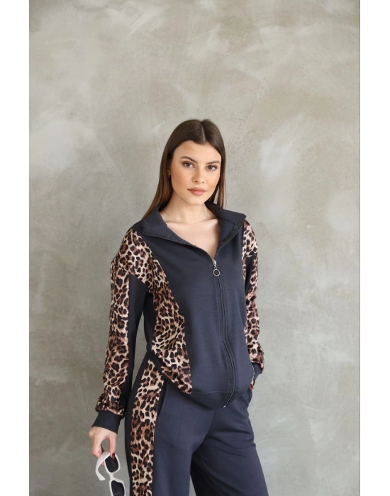 Osy Modal Yumuşak Dokulu Kapüşonlu Leopar Desenli Fermuarlı Takım - Antrasit