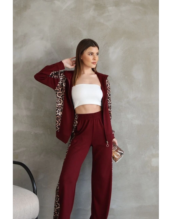 Osy Modal Yumuşak Dokulu Kapüşonlu Leopar Desenli Fermuarlı Takım - Bordo