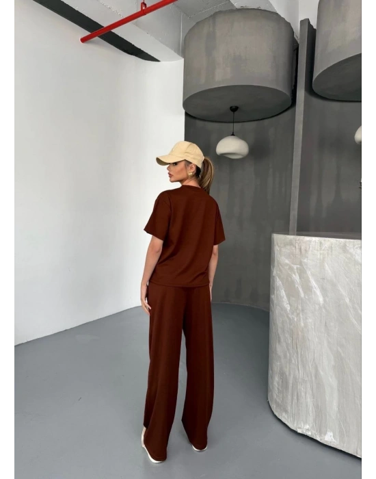 Osy Modal Yumuşak Dokulu Kumaş Kısa Kollu Bluz Rahat Pantalon ikili Takım- Kahverengi