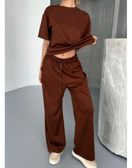 Osy Modal Yumuşak Dokulu Kumaş Kısa Kollu Bluz Rahat Pantalon ikili Takım- Kahverengi