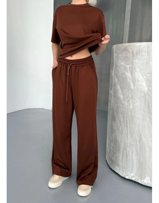Osy Modal Yumuşak Dokulu Kumaş Kısa Kollu Bluz Rahat Pantalon ikili Takım- Kahverengi