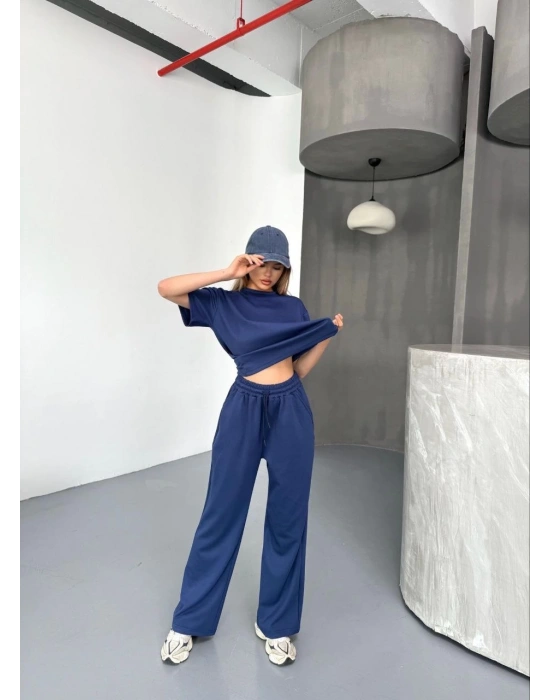 Osy Modal Yumuşak Dokulu Kumaş Kısa Kollu Bluz Rahat Pantalon ikili Takım- Lacivert
