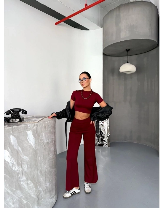 Osy Modal Yumuşak Dokulu Kumaş Kısa Kollu Crop Alt ispanyol Paça Pantalon ikili Takım - Bordo