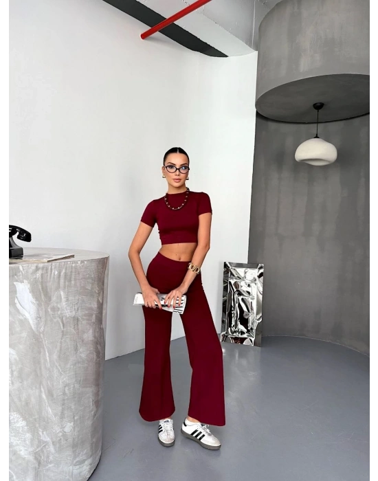 Osy Modal Yumuşak Dokulu Kumaş Kısa Kollu Crop Alt ispanyol Paça Pantalon ikili Takım - Bordo