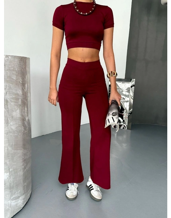 Osy Modal Yumuşak Dokulu Kumaş Kısa Kollu Crop Alt ispanyol Paça Pantalon ikili Takım - Bordo