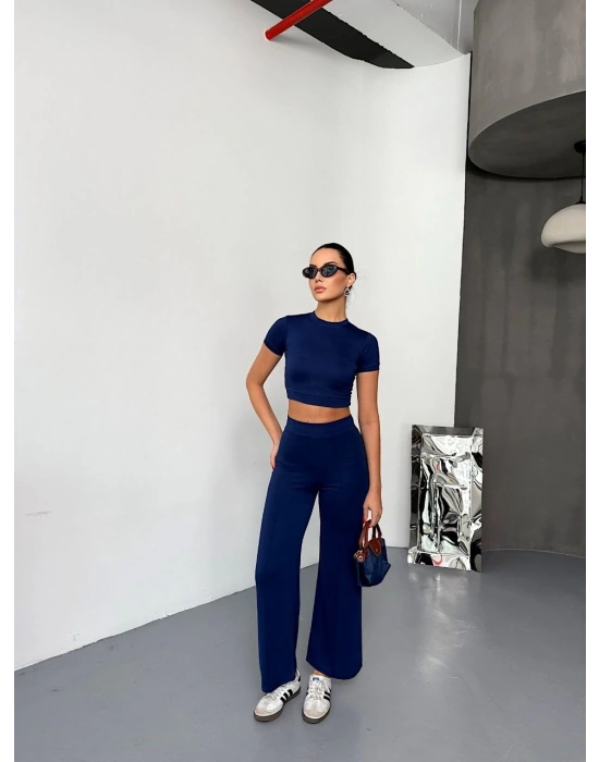 Osy Modal Yumuşak Dokulu Kumaş Kısa Kollu Crop Alt ispanyol Paça Pantalon ikili Takım - Lacivert