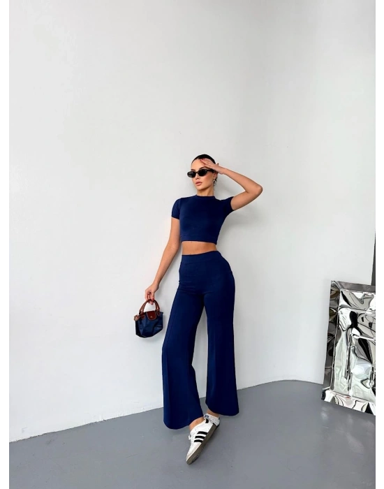 Osy Modal Yumuşak Dokulu Kumaş Kısa Kollu Crop Alt ispanyol Paça Pantalon ikili Takım - Lacivert