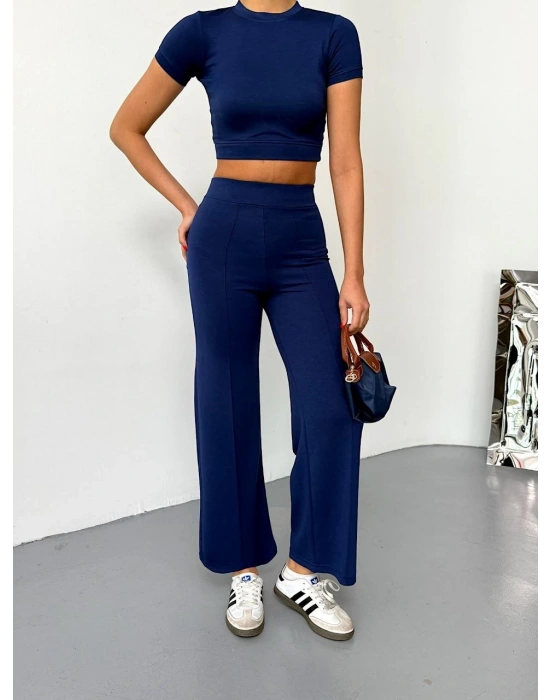 Osy Modal Yumuşak Dokulu Kumaş Kısa Kollu Crop Alt ispanyol Paça Pantalon ikili Takım - Lacivert