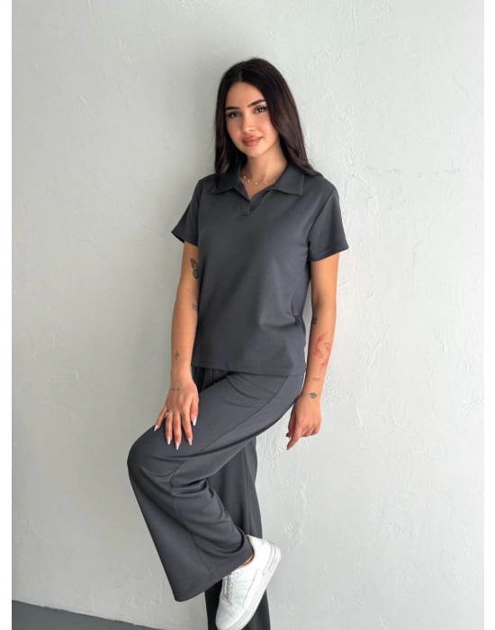 Osy Modal Yumuşak Dokulu Kumaş Kısa Kollu Yakalı T-shirt Pantalon ikili Takım- Antrasit