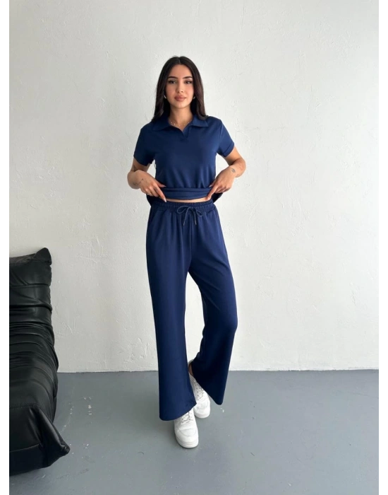 Osy Modal Yumuşak Dokulu Kısa Kollu Yakalı Pantalon ikili Takım - Lacivert