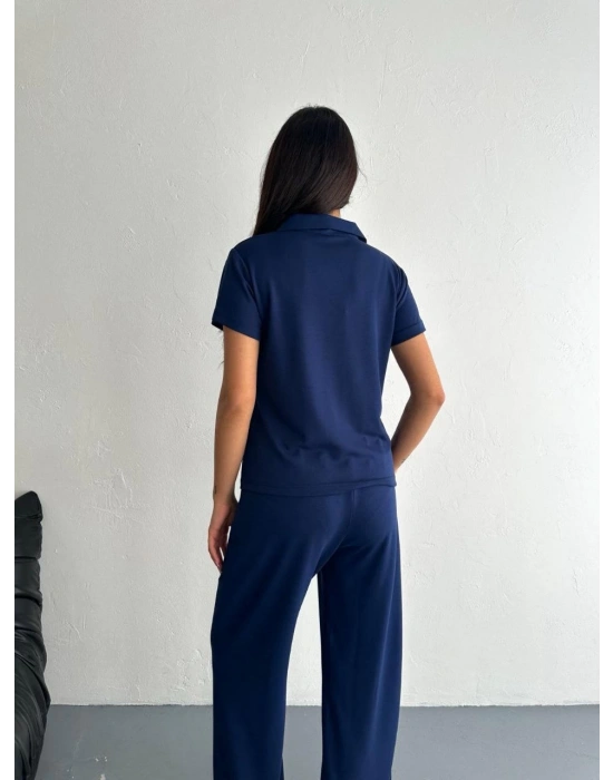 Osy Modal Yumuşak Dokulu Kısa Kollu Yakalı Pantalon ikili Takım - Lacivert