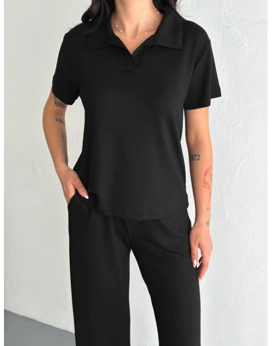 Osy Modal Yumuşak Dokulu Kumaş Kısa Kollu Yakalı T-shirt Pantalon ikili Takım- Siyah