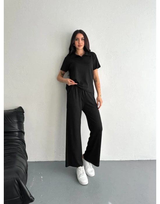 Osy Modal Yumuşak Dokulu Kumaş Kısa Kollu Yakalı T-shirt Pantalon ikili Takım- Siyah