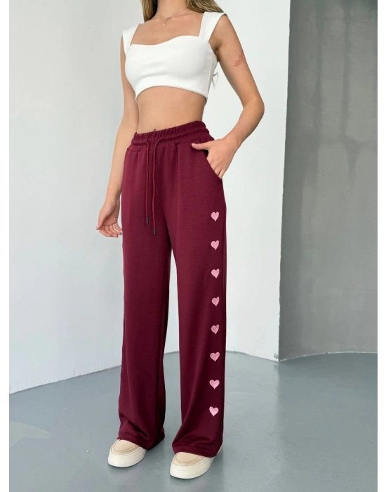 Osy Modal Yumuşak Dokulu Kumaş Nakış işlemeli Rahat Bol Paça Eşofman Pantalon - Bordo