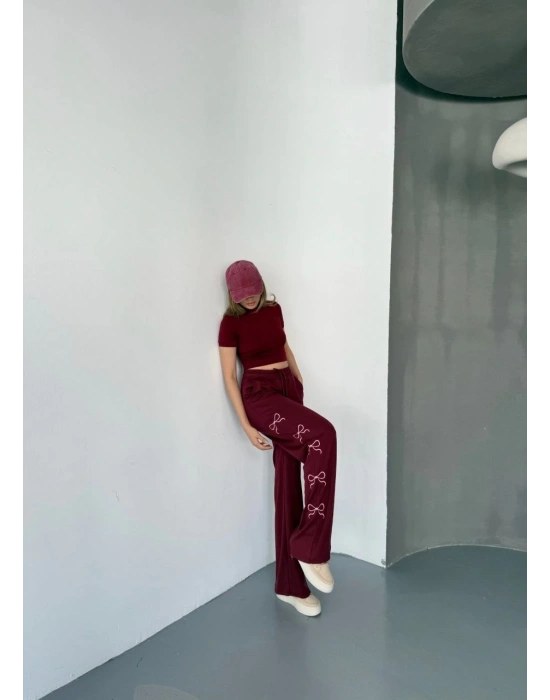 Osy Modal Yumuşak Dokulu Kumaş Nakış işlemeli Rahat Bol Paça Eşofman Pantalon - Bordo