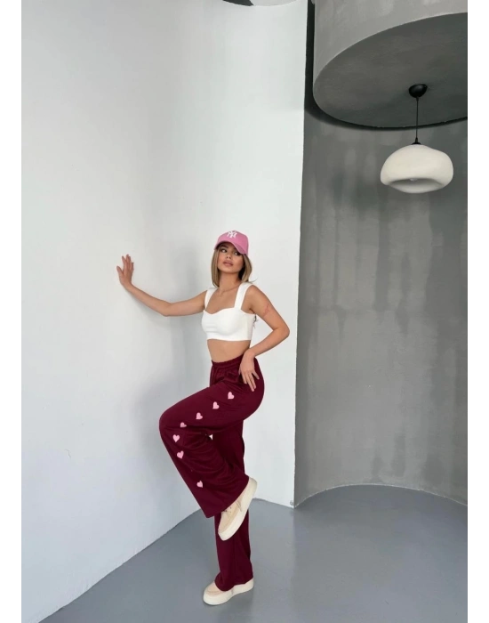 Osy Modal Yumuşak Dokulu Kumaş Nakış işlemeli Rahat Bol Paça Eşofman Pantalon - Bordo