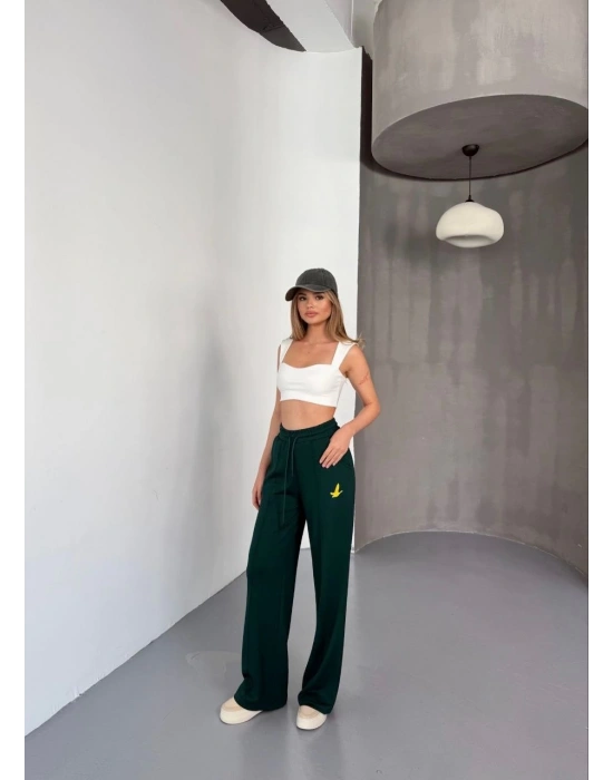 Osy Modal Yumuşak Dokulu Kumaş Nakış işlemeli Rahat Bol Paça Eşofman Pantalon - Yeşil