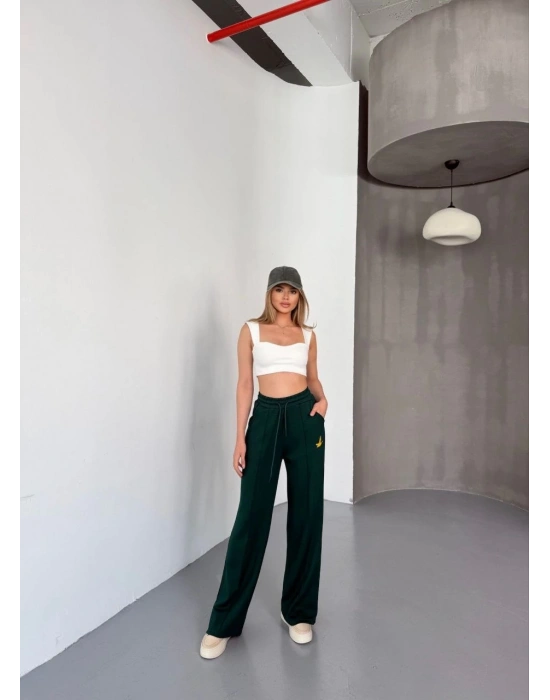 Osy Modal Yumuşak Dokulu Kumaş Nakış işlemeli Rahat Bol Paça Eşofman Pantalon - Yeşil