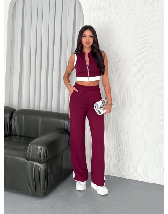 Osy Modal Yumuşak Dokulu Kumaş Tam Fermuarlı Crop Pantalon İkili Takım - Bordo
