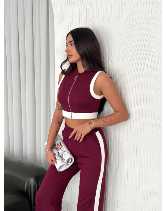 Osy Modal Yumuşak Dokulu Kumaş Tam Fermuarlı Crop Pantalon İkili Takım - Bordo