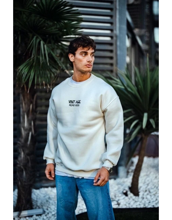 Oversize Bisiklet Yaka Üç İplik Baskılı SweatShirt - Beyaz