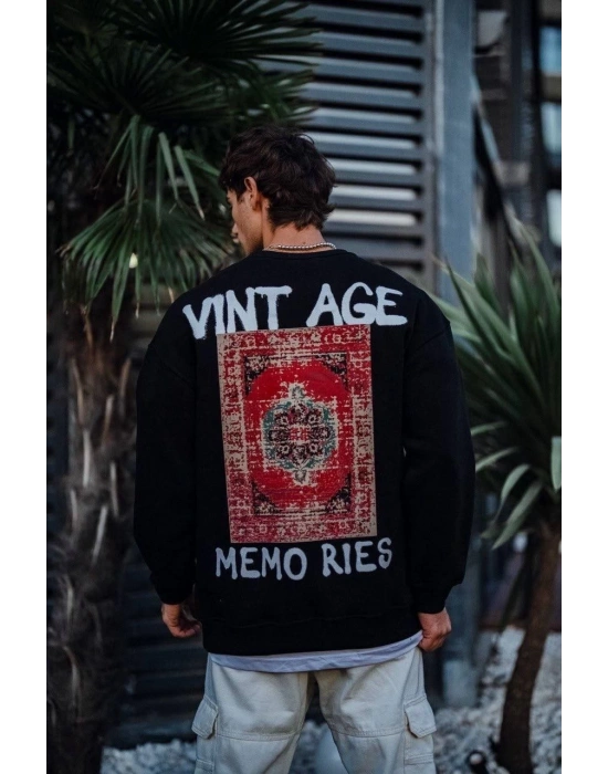 Oversize Bisiklet Yaka Üç İplik Baskılı SweatShirt - Siyah