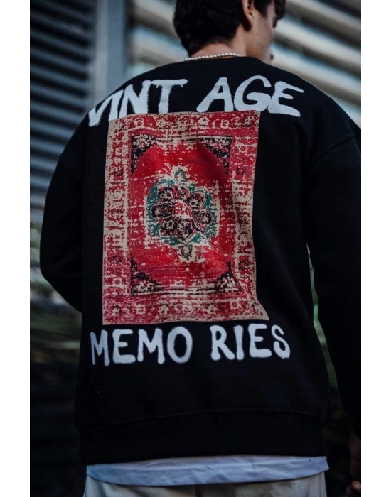 Oversize Bisiklet Yaka Üç İplik Baskılı SweatShirt - Siyah