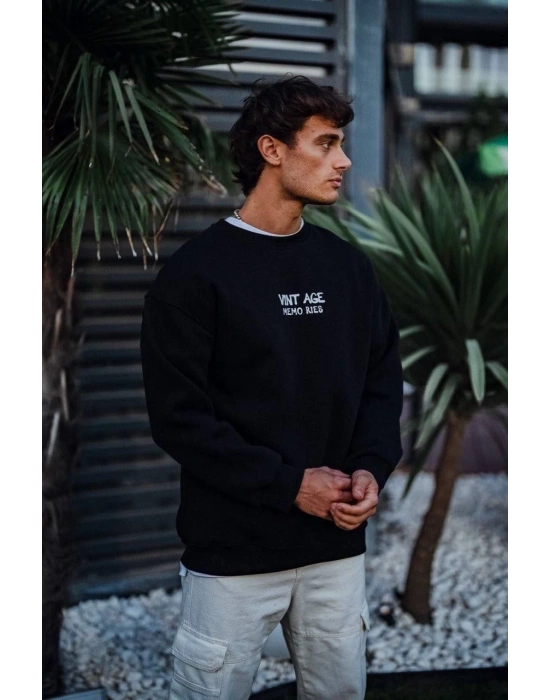 Oversize Bisiklet Yaka Üç İplik Baskılı SweatShirt - Siyah