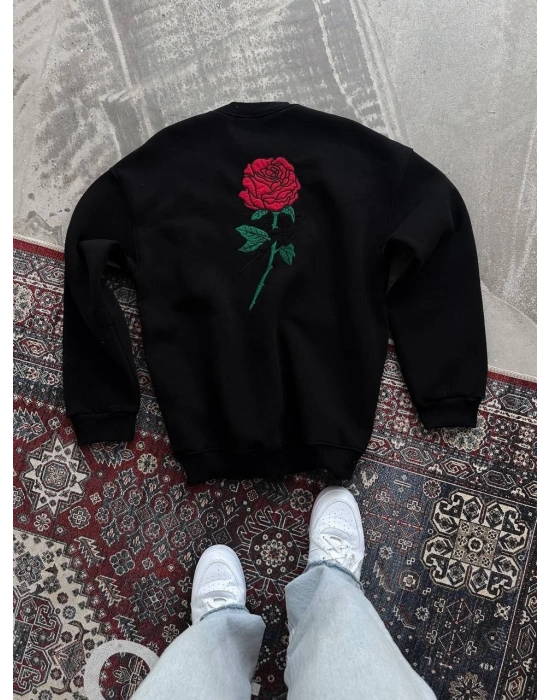Oversize Üç İplik Bisiklet Yaka Baskılı SweatShirt - Siyah
