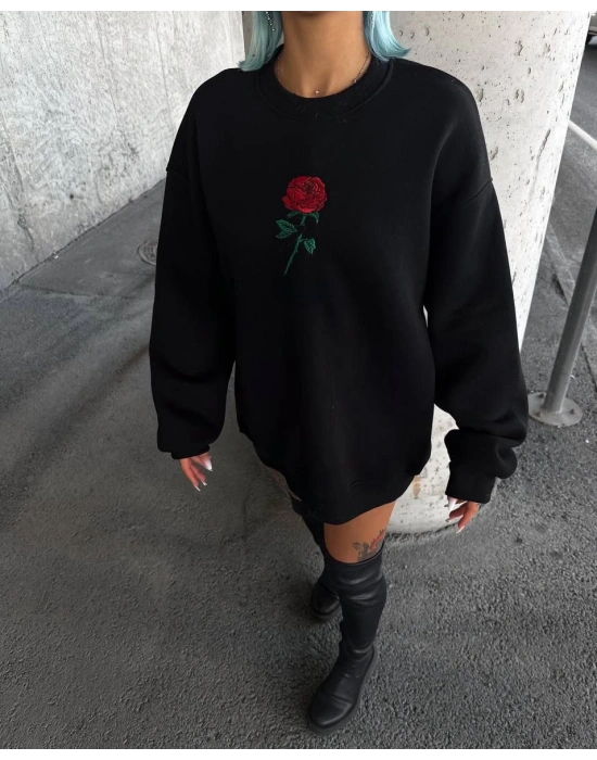 Oversize Üç İplik Bisiklet Yaka Baskılı SweatShirt - Siyah