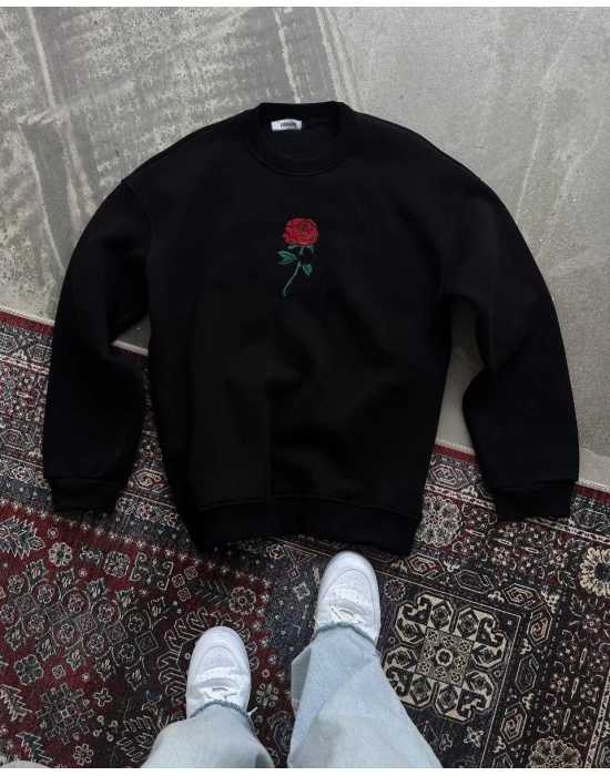 Oversize Üç İplik Bisiklet Yaka Baskılı SweatShirt - Siyah