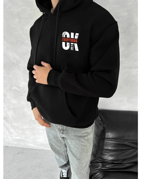Oversize Üç İplik Kapüşonlu SweatShirt - Siyah