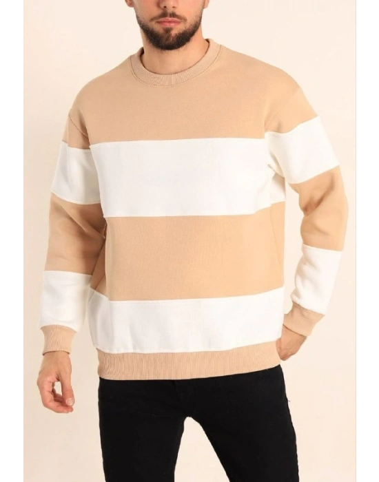 Parçalı Bisiklet Yaka Baskılı SweatShirt - Bej