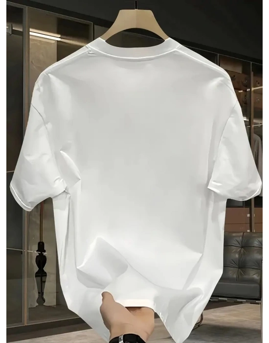 Pembe Panter Baskılı Erkek Oversize Kısa Kollu Tişört İlkbahar ve Yaz için - Beyaz