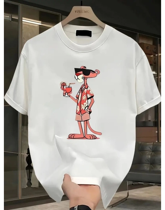 Pembe Panter Baskılı Erkek Oversize Kısa Kollu Tişört İlkbahar ve Yaz için - Beyaz