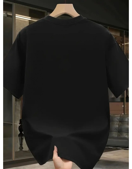 Pembe Panter Baskılı Erkek Oversize Kısa Kollu Tişört İlkbahar ve Yaz için - Siyah