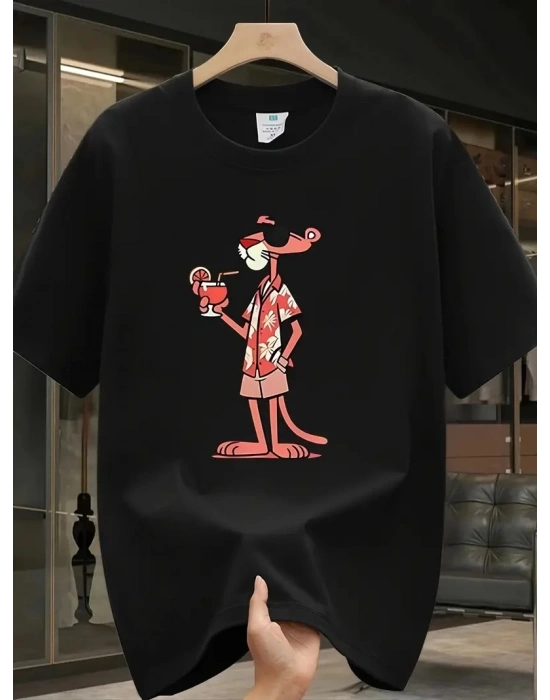 Pembe Panter Baskılı Erkek Oversize Kısa Kollu Tişört İlkbahar ve Yaz için - Siyah